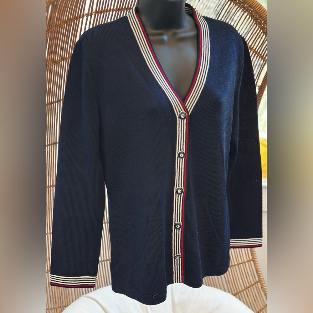 St John Sport Sz Small Navy White Red Pockets Santana Knit Wool Cardigan Sweater